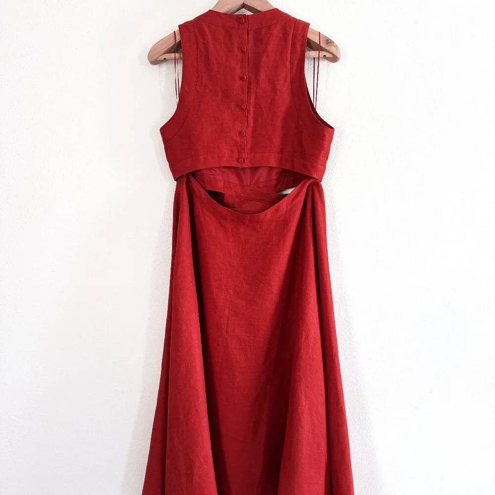 Banana Republic Lina Linen Cutout Dress in Red Embers, Size 12 - Picture 2 of 5